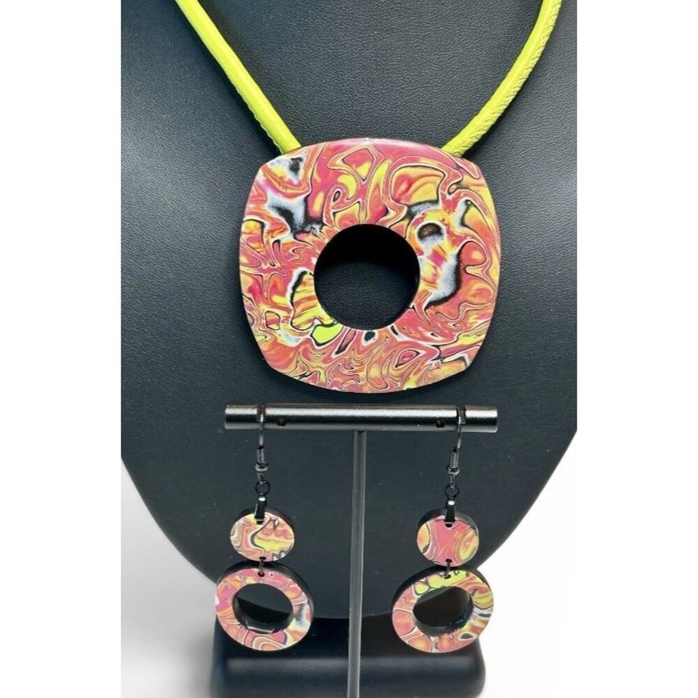 Handmade Marbled Red Polymer Clay Large Pendant Necklace on Cord & Earring Set